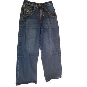 Maurice Malone M Logo Embroidered Wide Leg Jeans Dark Wash Blue Size 12 Vintage